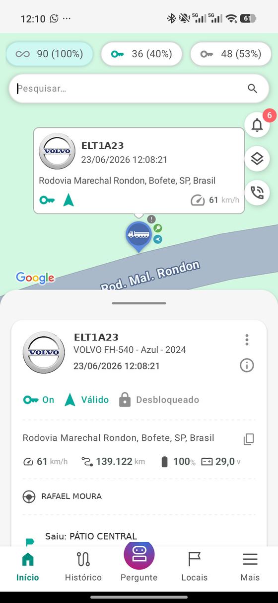 App com os dados do veículo em tempo real