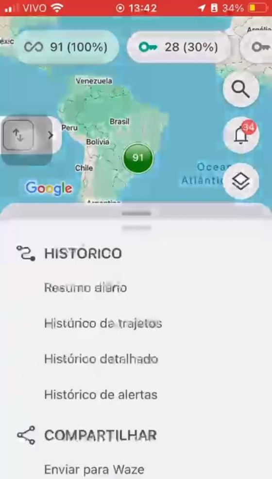 App com o menu de histórico